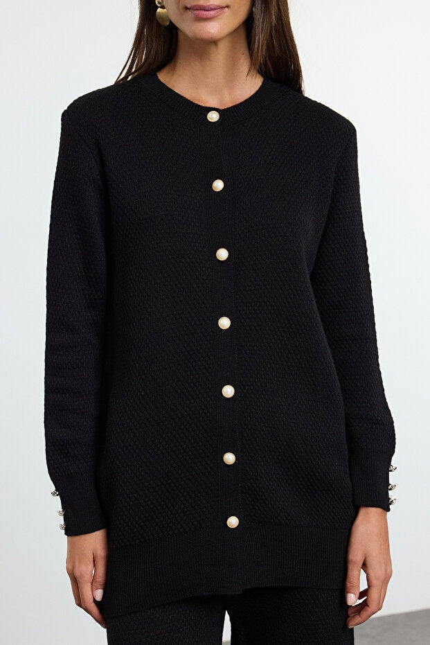 Black Pearl-Button Knit Two-Piece Set
