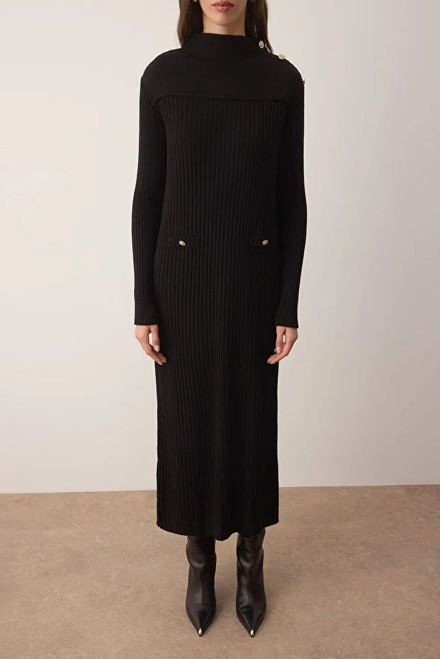 Black Ribbed Knit Dress with Button Accents