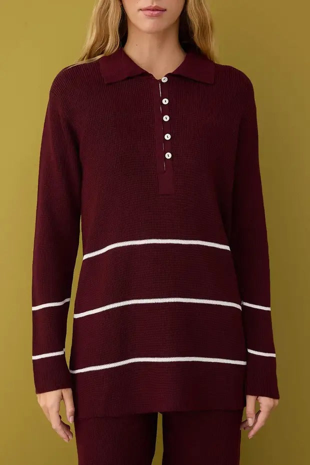 Burgundy-Cream Ribbed Knit Modest Two-Piece Set