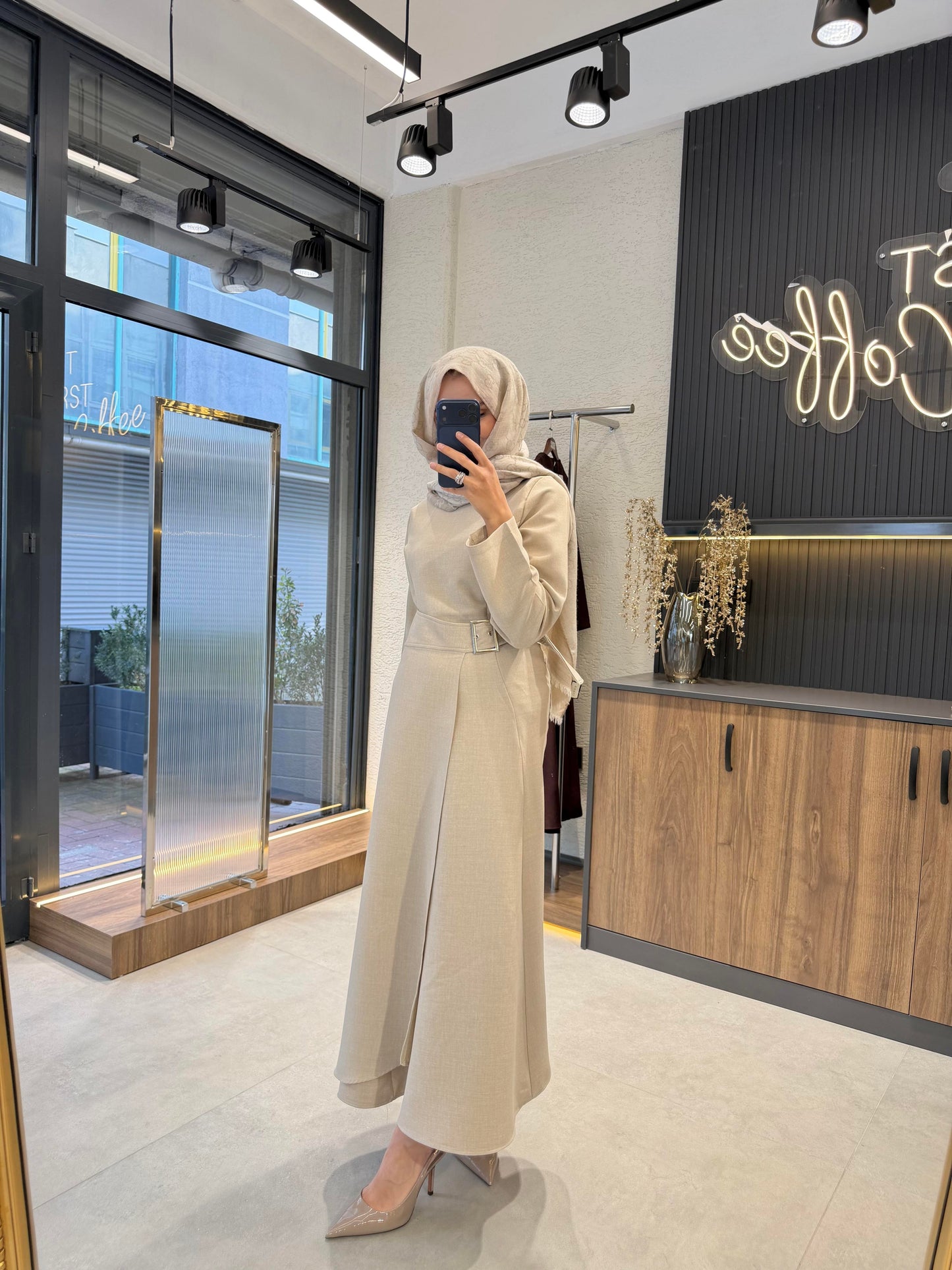 Asymmetric Beige Maxi Dress with Adjustable Waist Belt