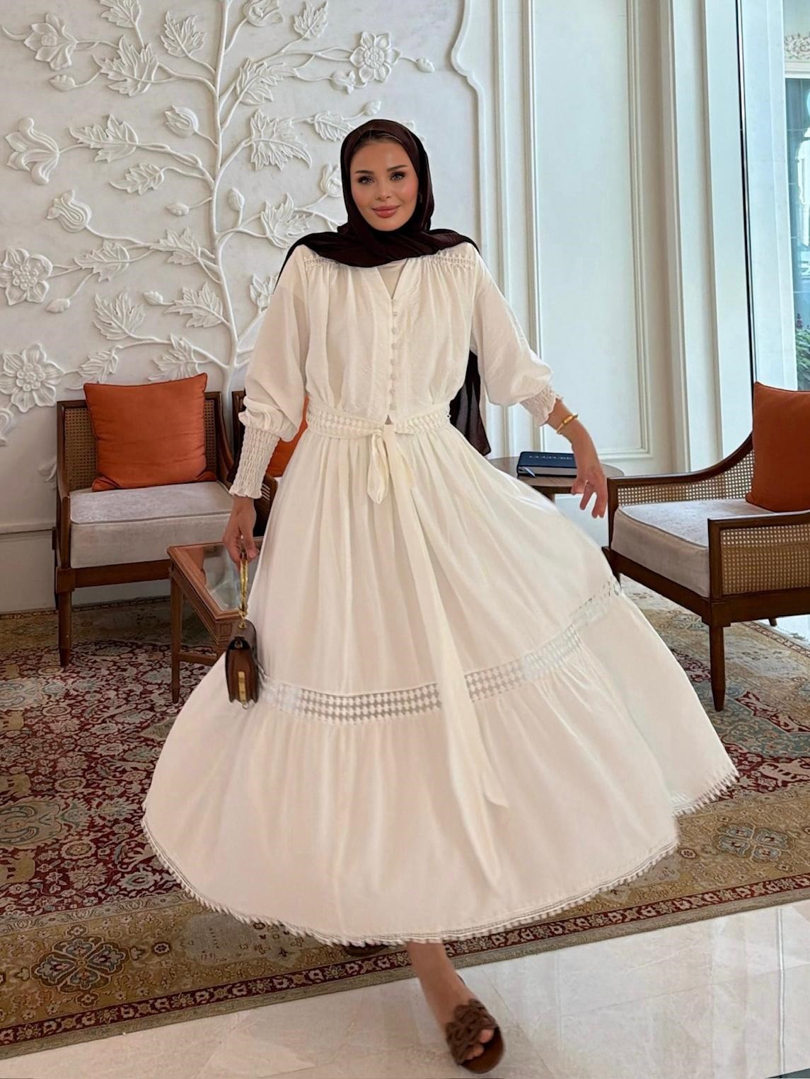 Tiered Boho Lace Trim Co-ord Set with Crochet Waist Belt - Ecrou