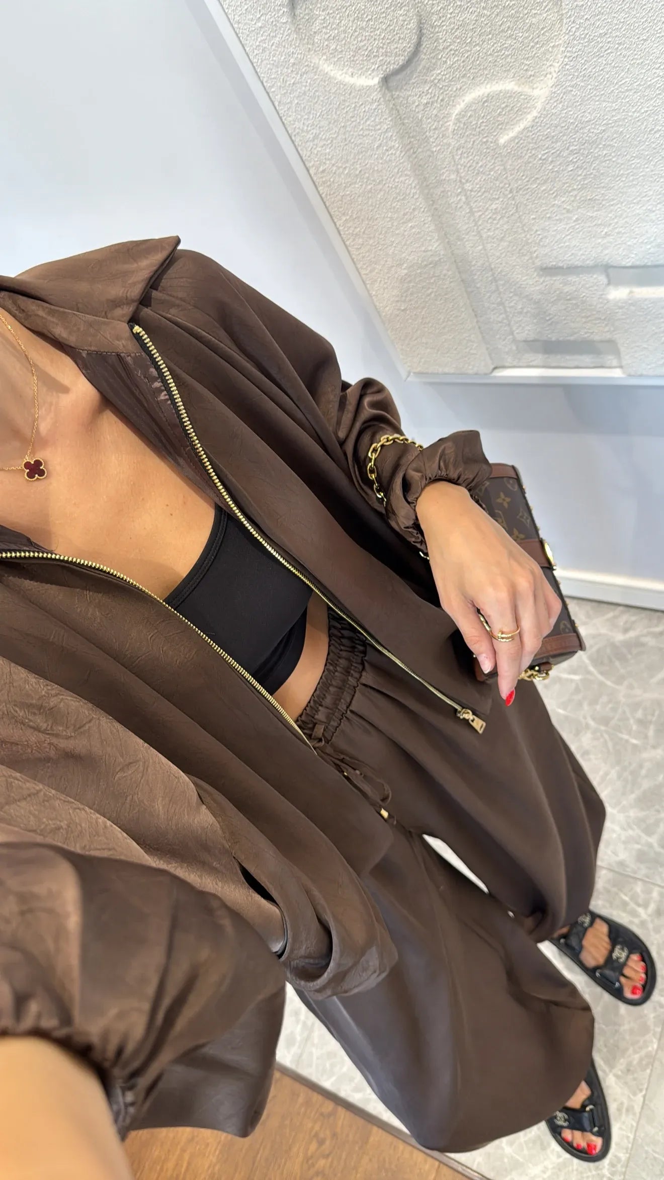 Brown Satin Bomber Jacket and Harem Pants Set