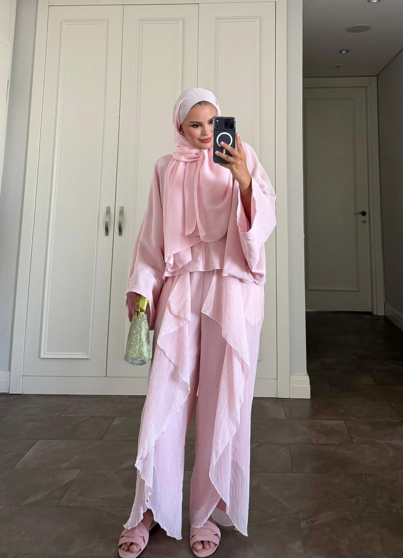 Suzy Pink Tesettür Pantolon Takımı - Astarlı Yarasa Kol İkili Takım