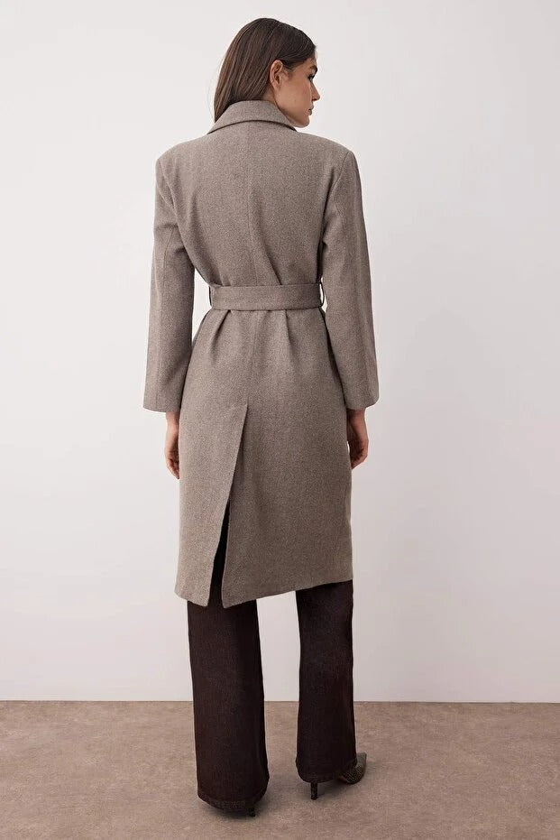 Taupe Herringbone Double-Breasted Oversized Long Wool-Blend Coat