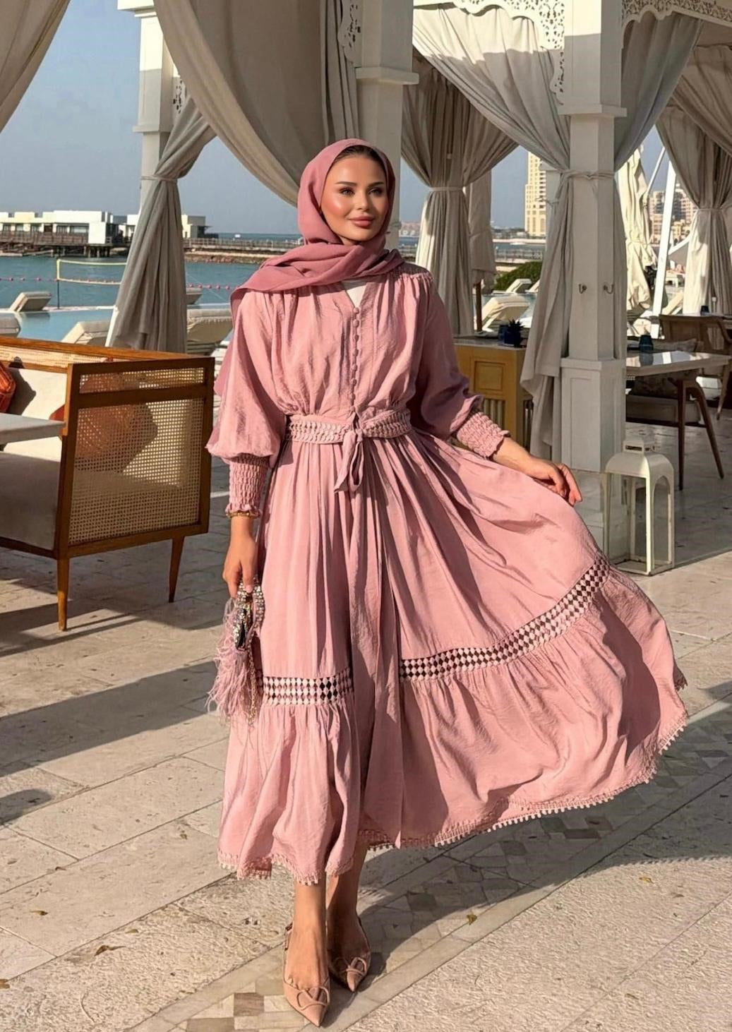 Tiered Boho Lace Trim Co-ord Set with Crochet Waist Belt - Pink Rose