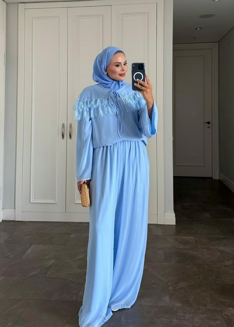 Ivana Mavi Tesettür Pantolon Takımı - Astarlı İki Parçalı Tunik ve Pantolon Kombini