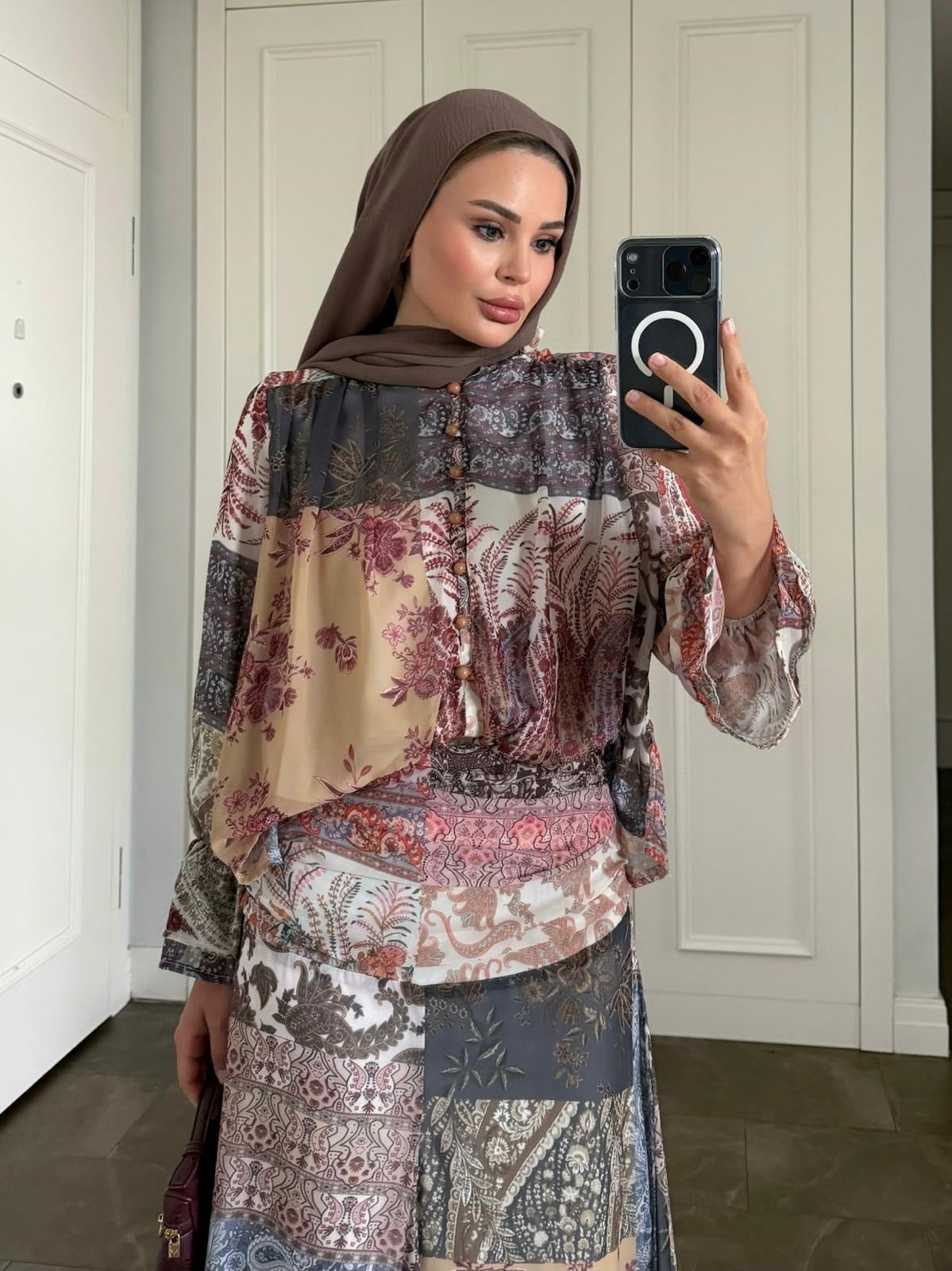 Victoria Patchwork Chiffon Maxi Skirt Set - Khaki