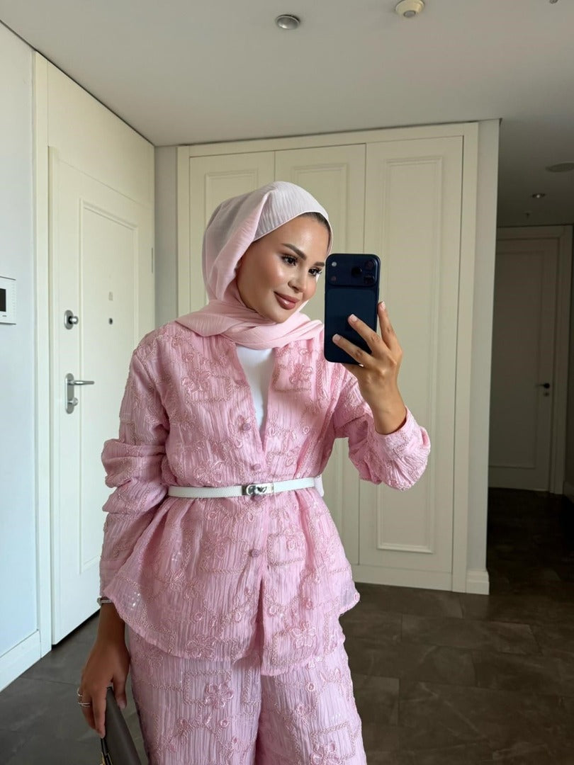 Lilly Modest Trousers Matching Set | Premium Tunic Co-Ord Suit - Pink
