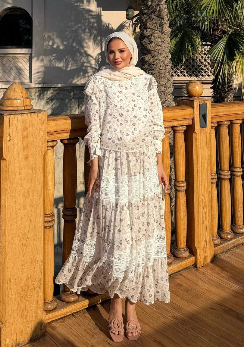 Floral Print Lace-Trim Tiered Maxi Co-ord Set - Ecrou