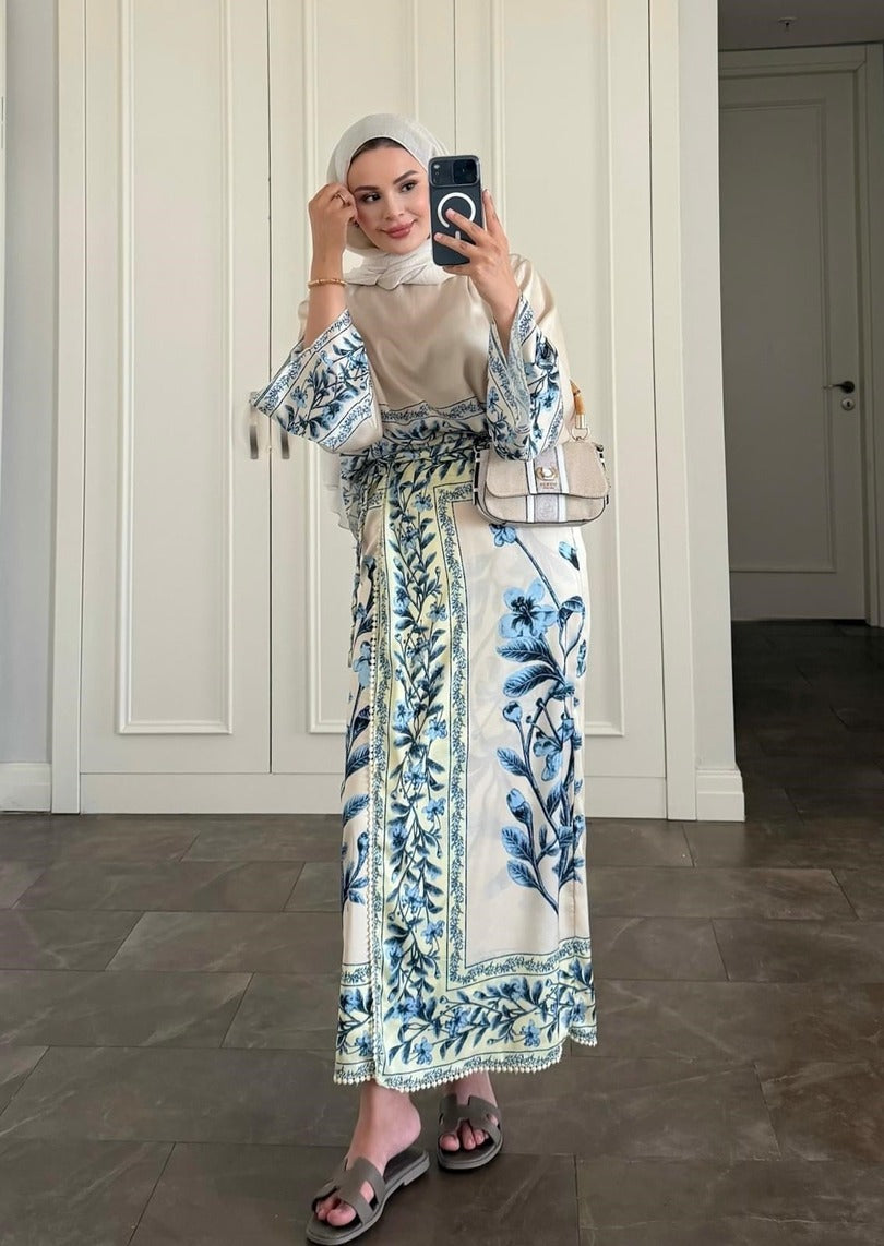 Blue Botanical Scarf Print Modest Satin Skirt Co-Ord Set