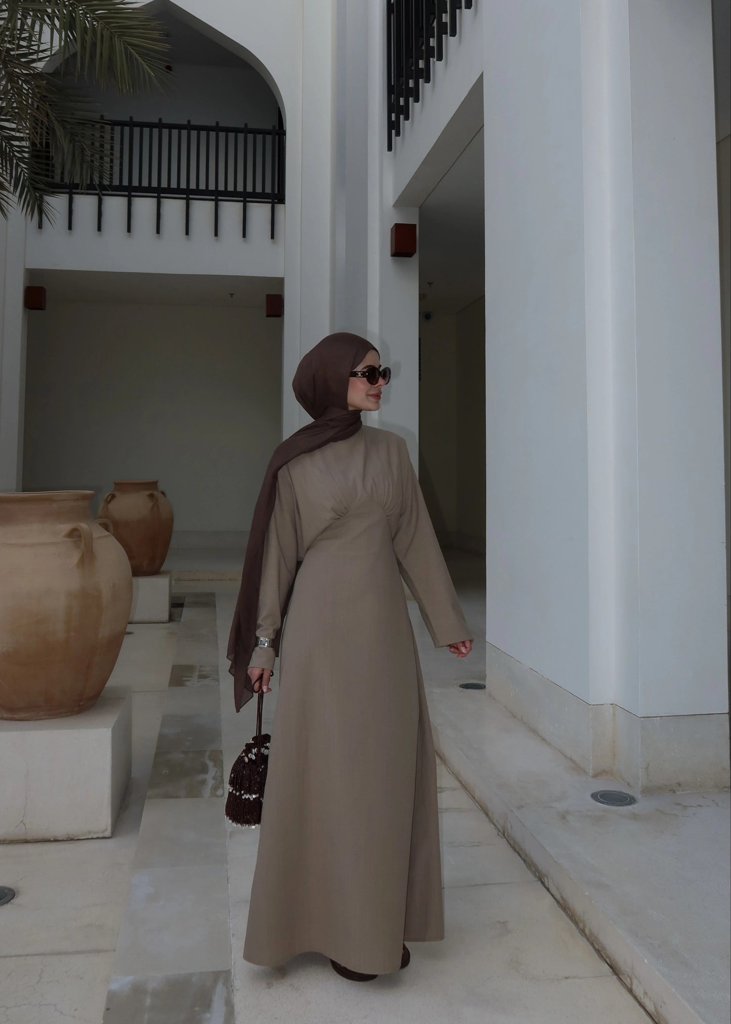 Khaki Cotton Tie-Back Maxi Dress - Waist Detail Long Sleeve Gown