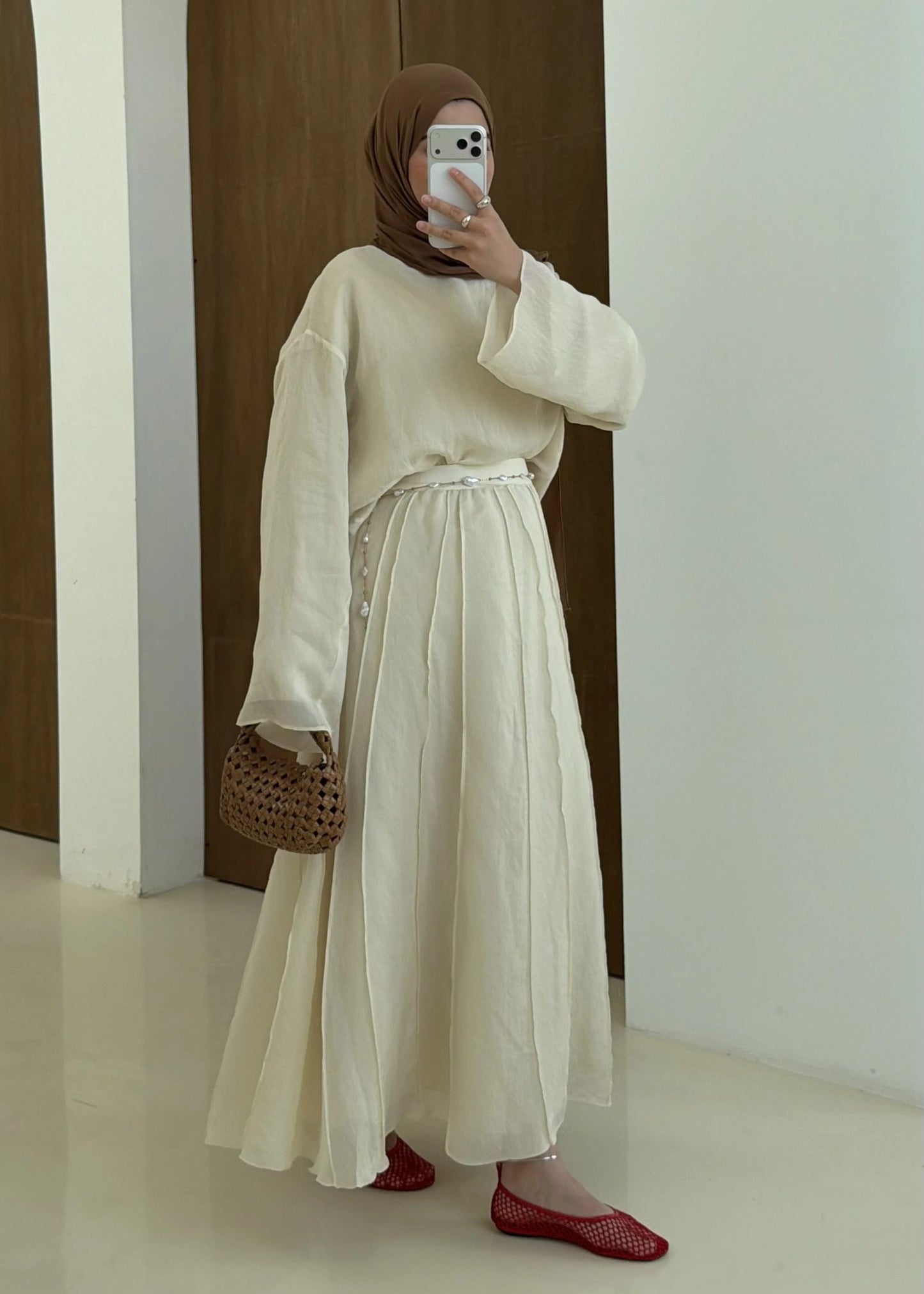 Reverse Stitch Skirt Set - Beige