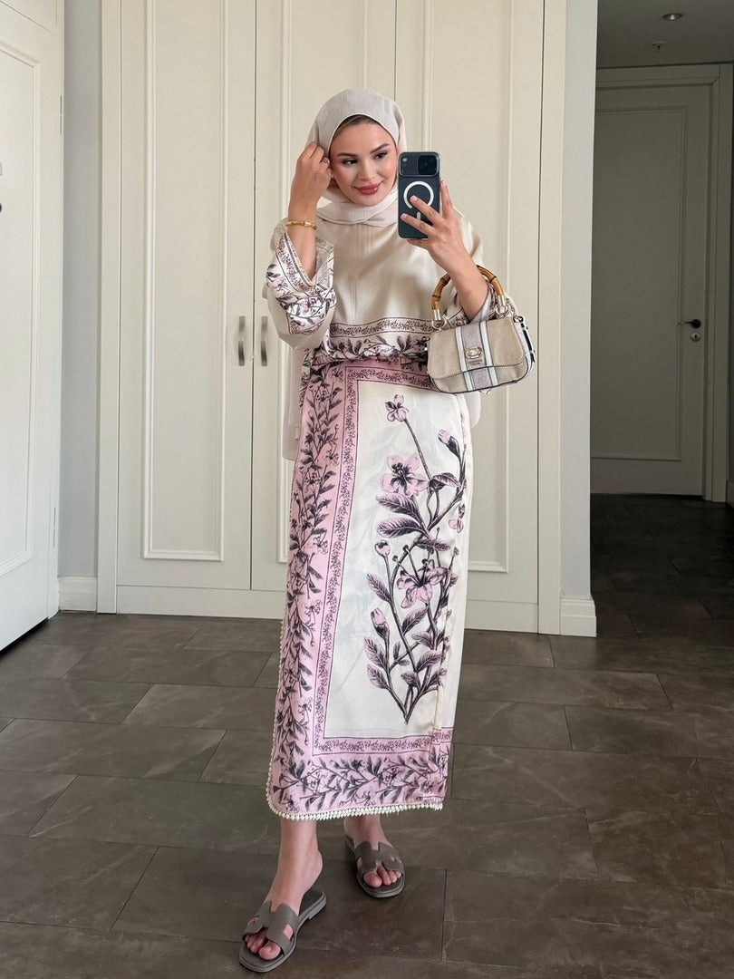 Pink Botanical Scarf Print Modest Satin Skirt Co-Ord Set