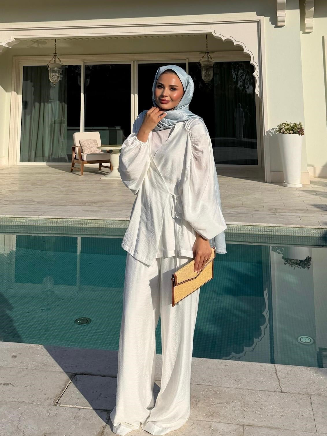 Balloon Sleeve Tencel Co-ord Set with Tie Waist & Wide-Leg Trousers - Ecrou