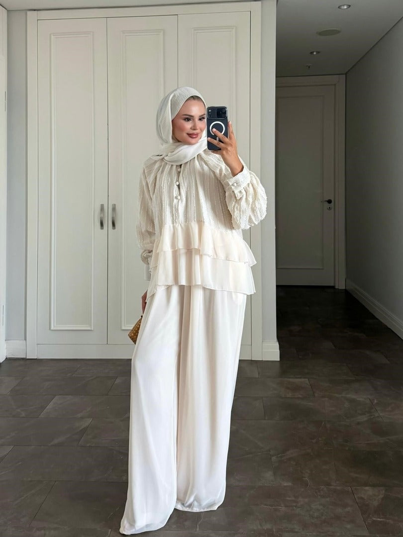 Furla Cream Modest Pant Set - Lined Two Piece High Low Outfit