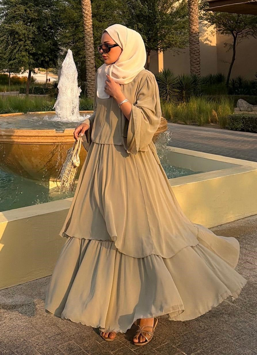 Layered Cape Chiffon Co-ord Set with Tiered Ruffle Skirt - Light Green