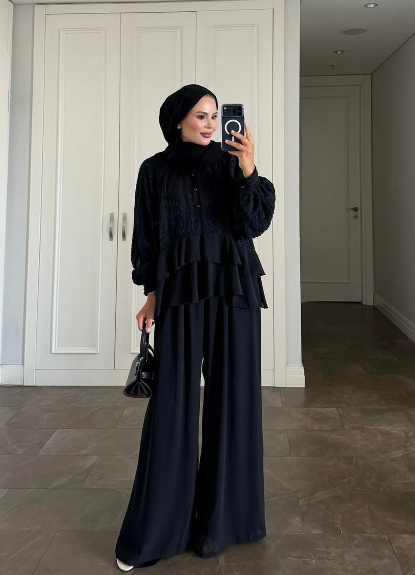 Furla Black Modest Pant Set - Lined Two Piece High Low Outfit