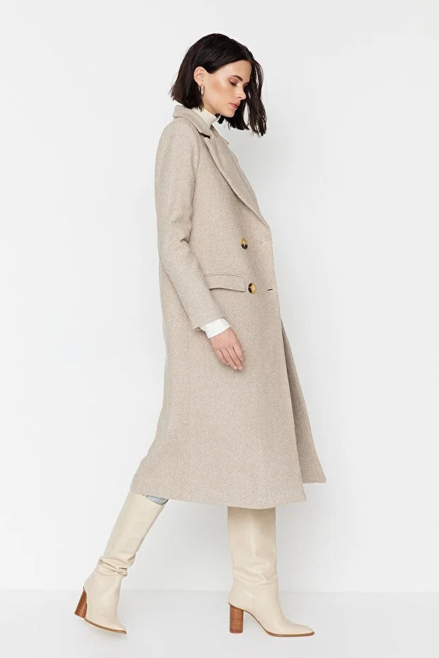 Herringbone Pattern Long Wool-Blend Coat