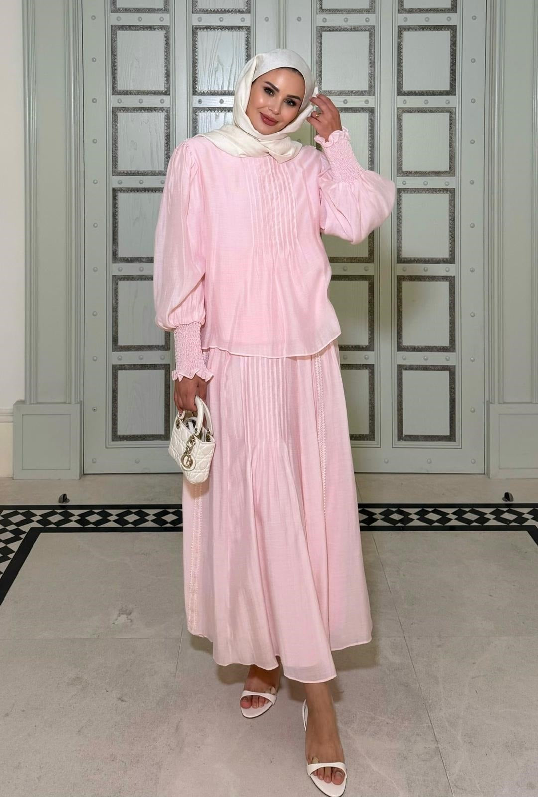 Sade Blush Pink Pleated Skirt Set with Balloon Sleeves
