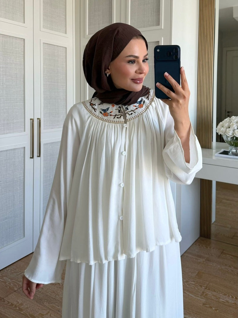 Ecru Intricate Embroidered Slub Linen Skirt & Blouse Co-ord Set