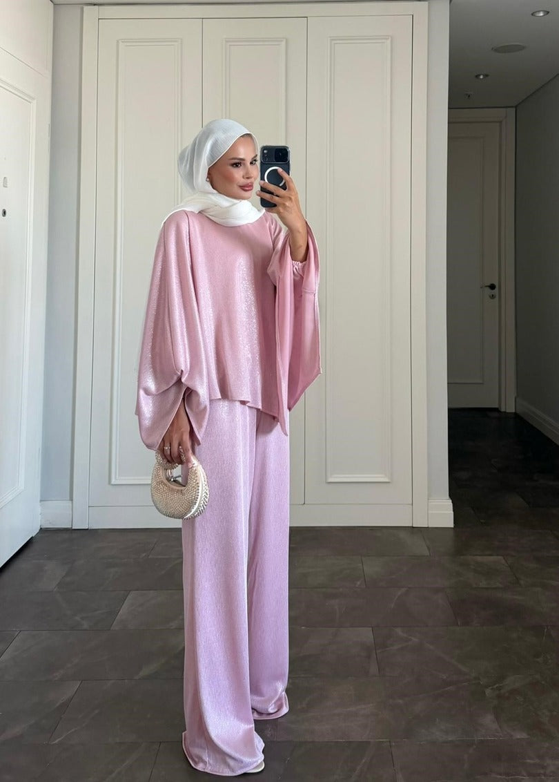 Elmas Kahverengi Işıltılı Asimetrik Pantolon Takımı | Pembe