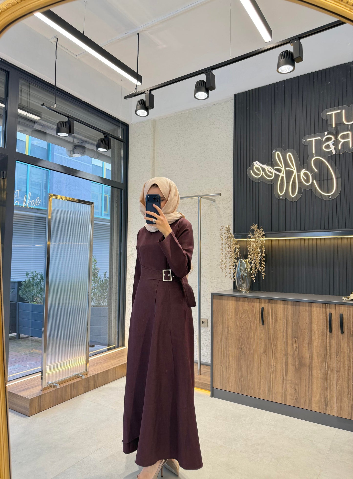 Asymmetric Burgundy Maxi Dress with Adjustable Waist Belt