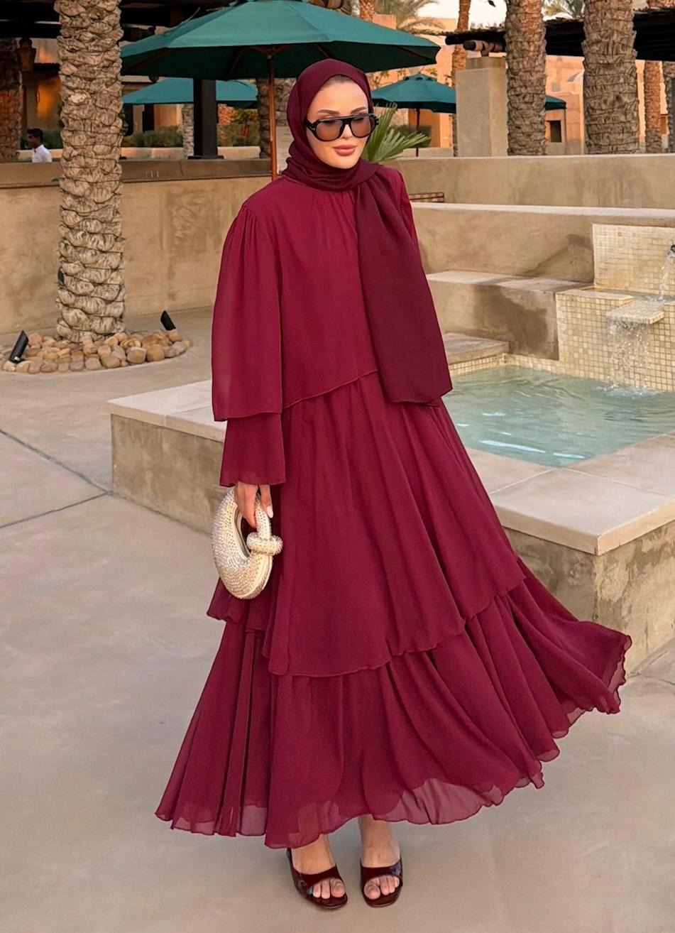 Layered Cape Chiffon Co-ord Set with Tiered Ruffle Skirt - Burgundy