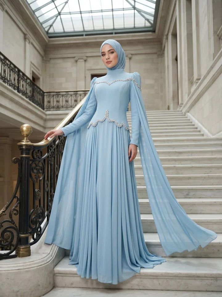 Stone-Embellished Corset Bodice Cape Sleeve Formal Dress- Blue