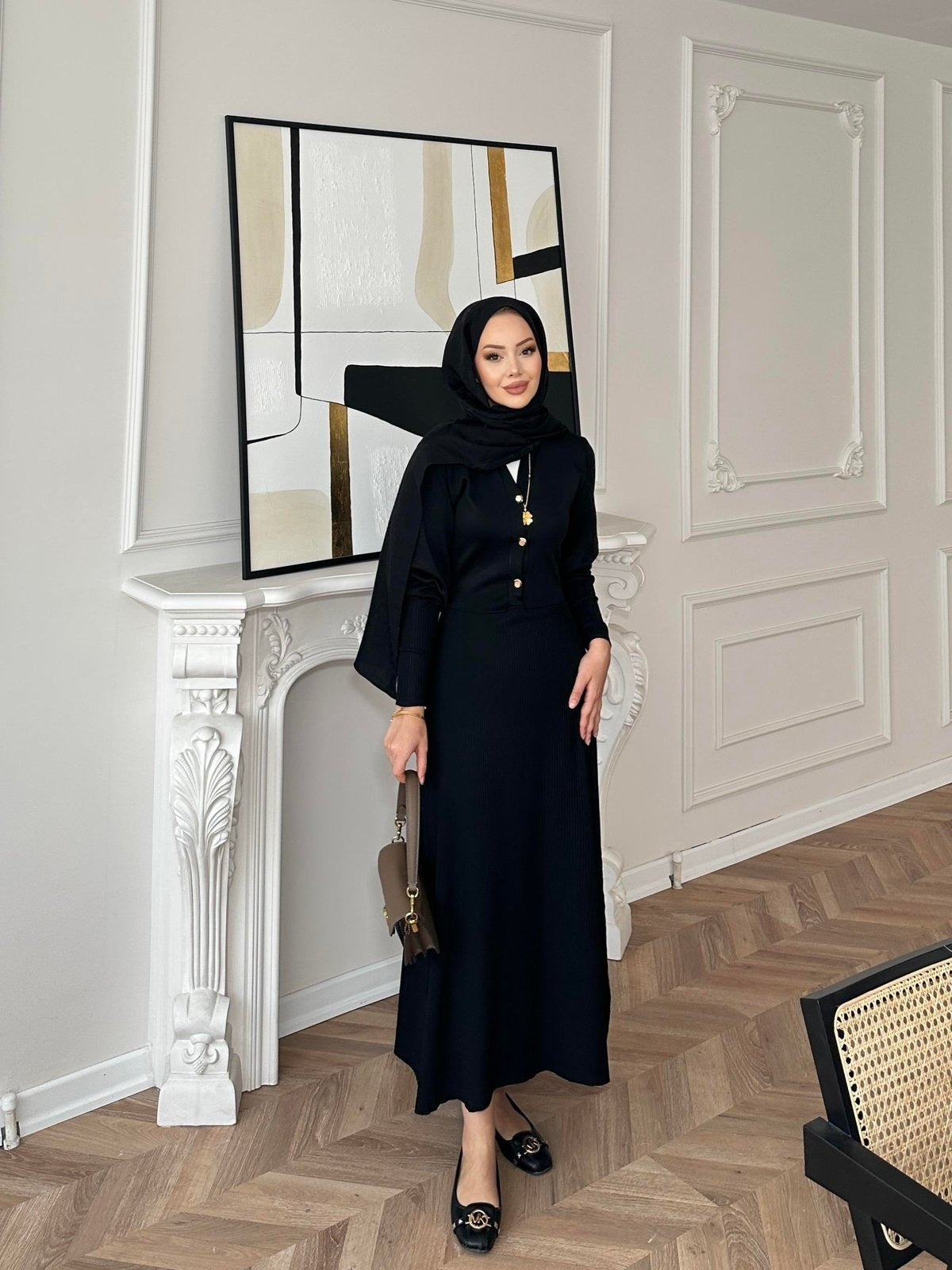 Knit Dress – Black with Gold Buttons