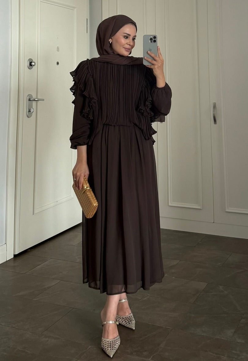 Brown Pleated Ruffle-Detail Chiffon Blouse & Midi Skirt Co-ord Set -PRE ORDER