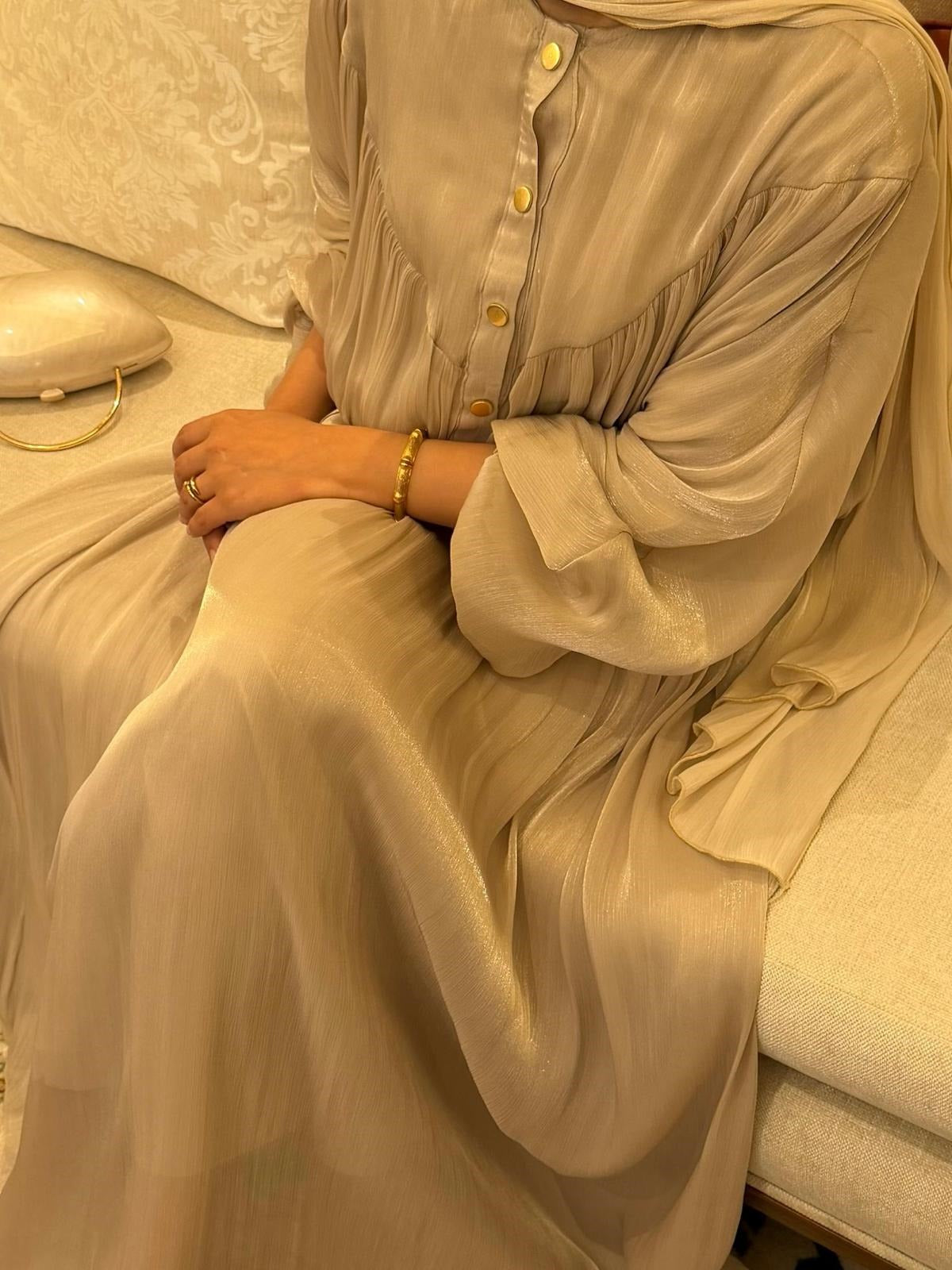 Shimmer Metallic Gathered Top & Flared Maxi Skirt Evening Co-ord Set - Beige