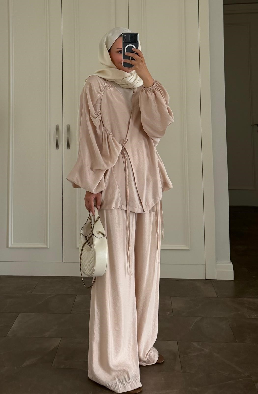 Balloon Sleeve Tencel Co-ord Set with Tie Waist & Wide-Leg Trousers - Beige