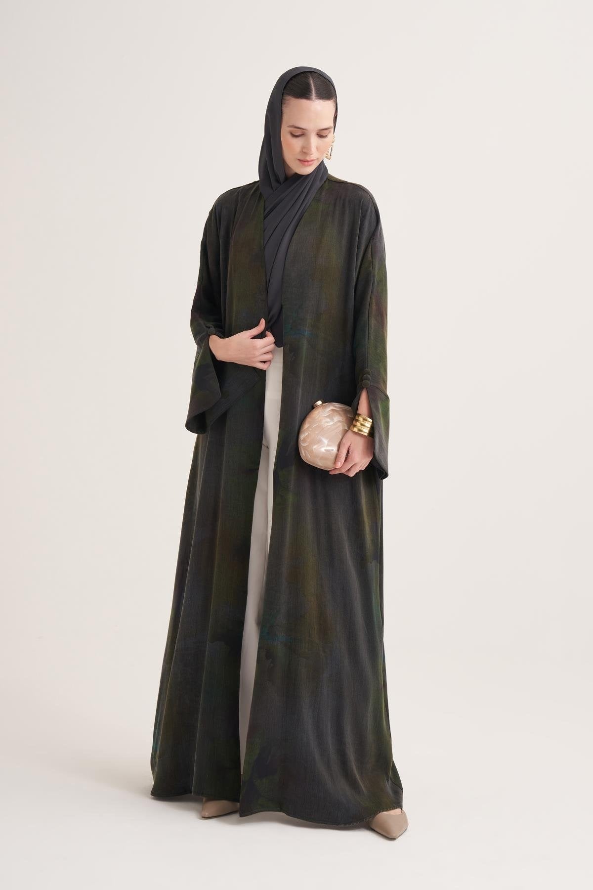 Cupro Modal Open Abaya with Iridescent Green Print & Matching Scarf