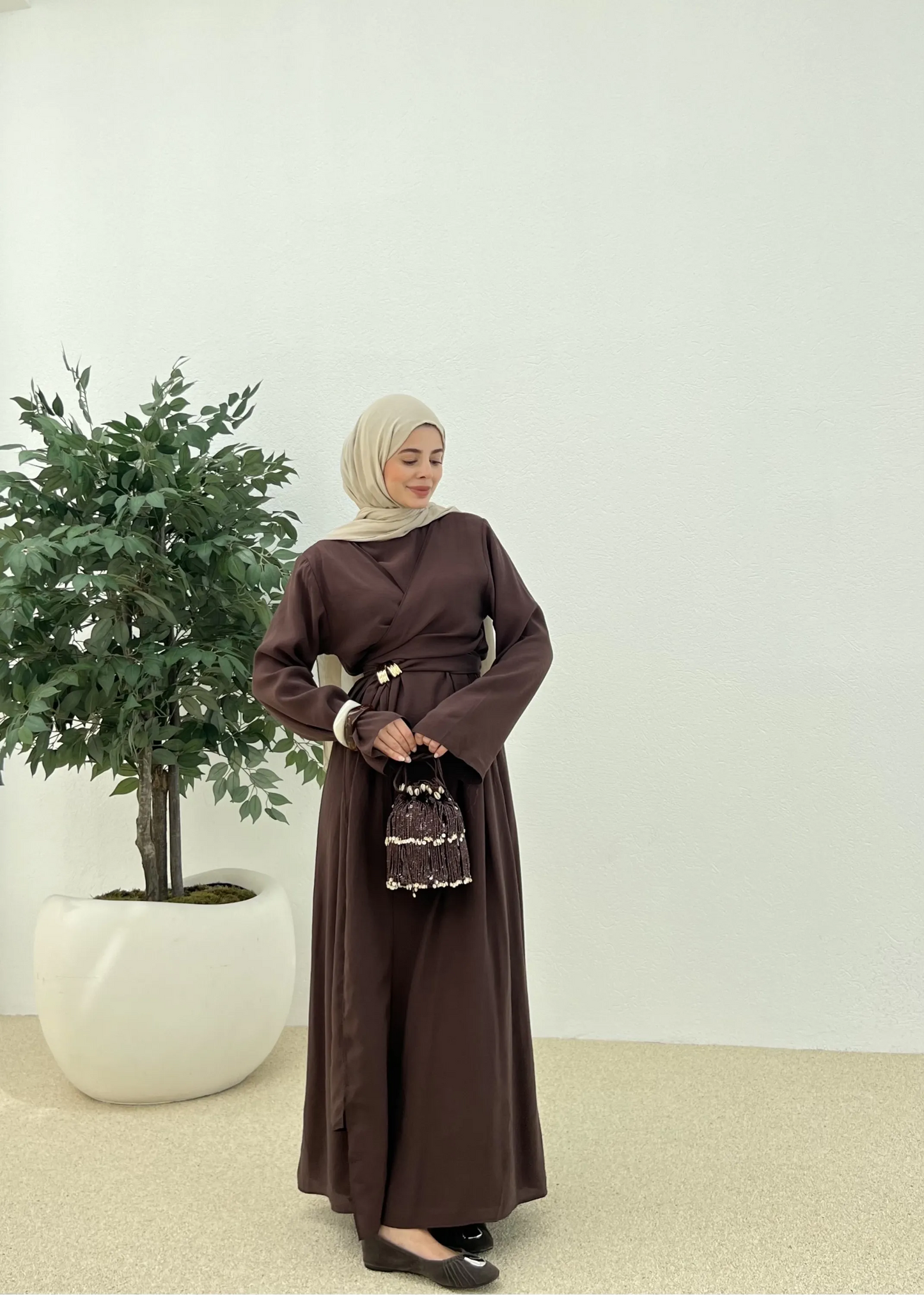 Brown Tencel Dress with Buckle Detail