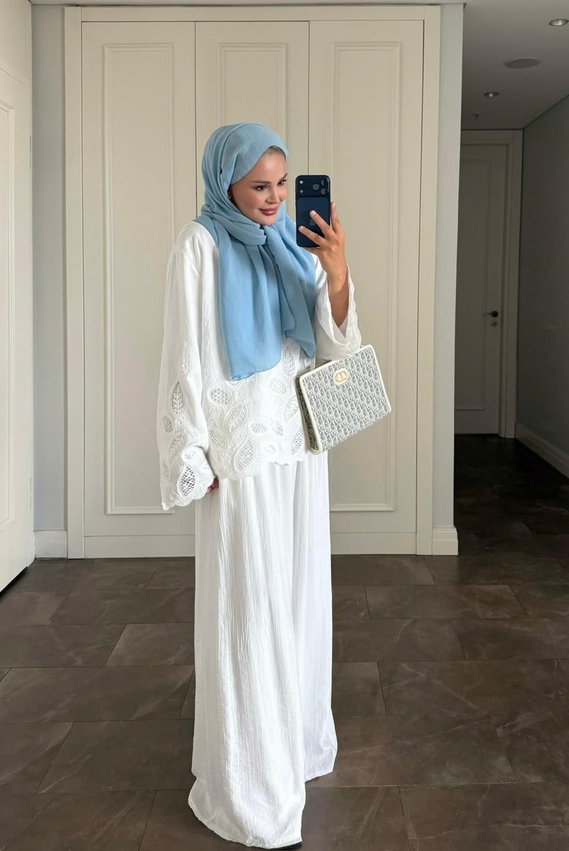 Dolly White Modest Pant Set - Elegant Two Piece Tunic Outfit