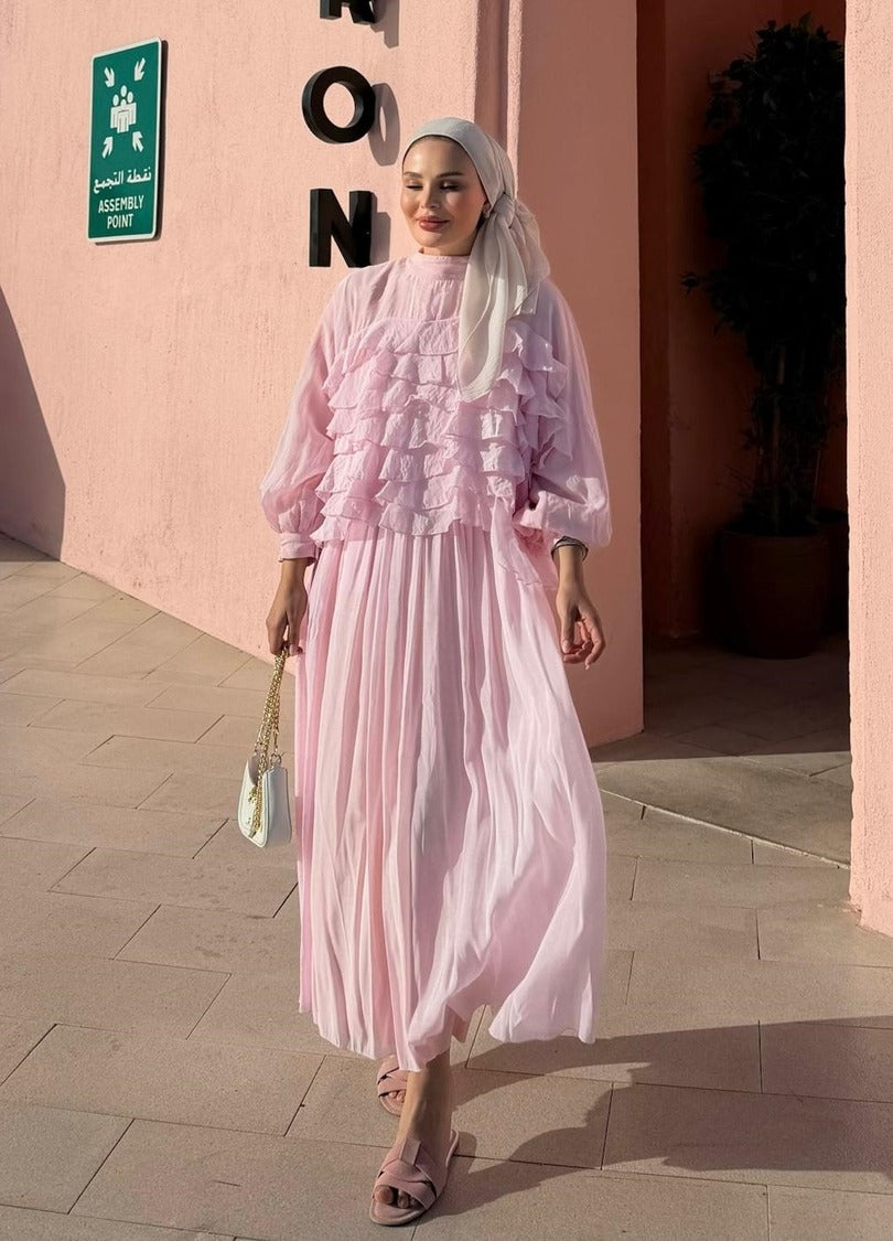 Tiered Ruffle Blouse & Pleated Maxi Skirt Co-ord Set - Pink