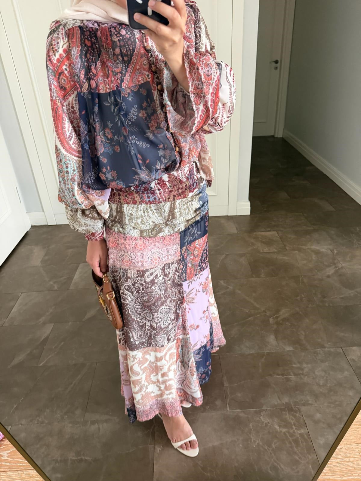 Victoria Patchwork Chiffon Maxi Skirt Set - Pink