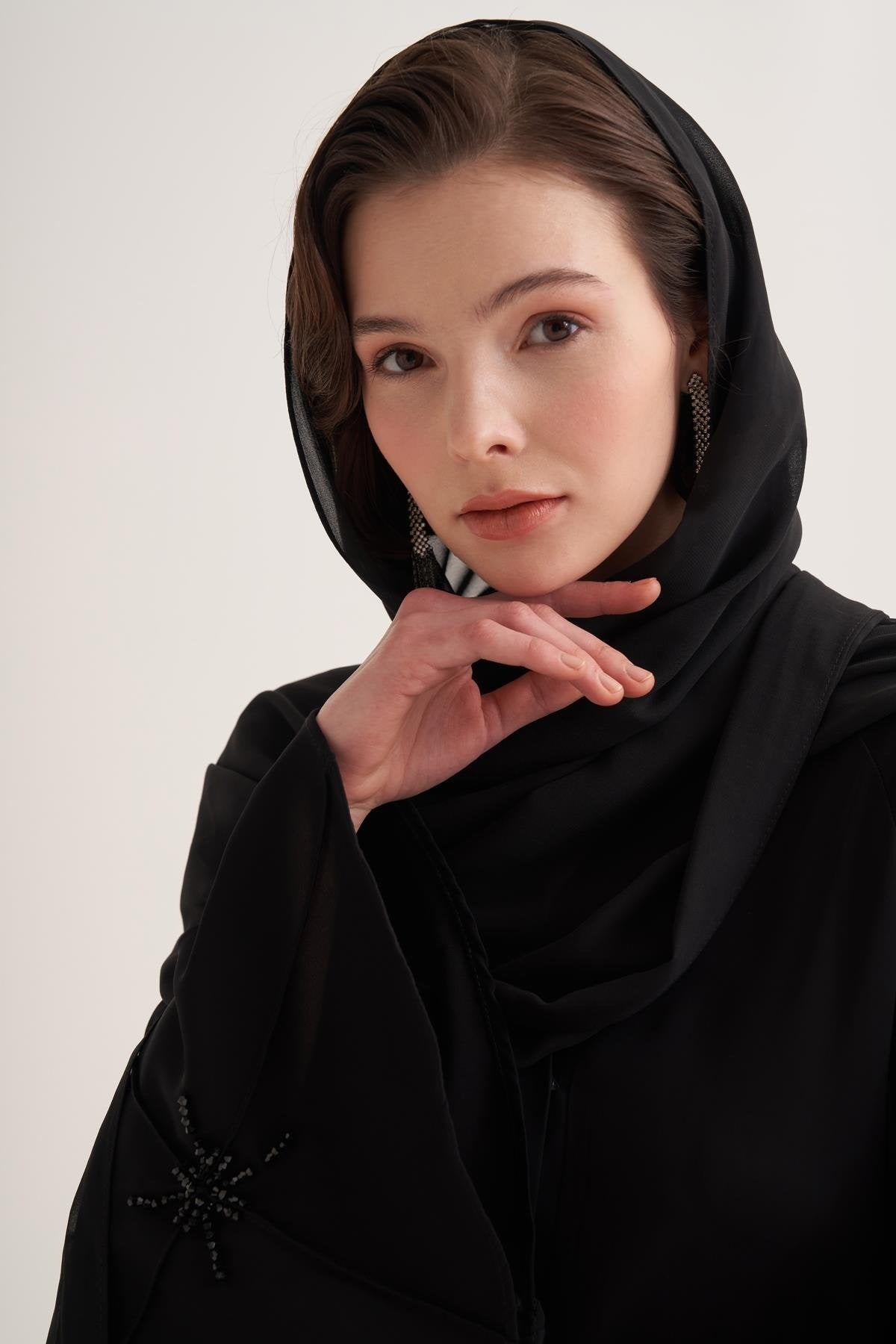 Classic Stone Embellished Black Abaya with Matching Scarf
