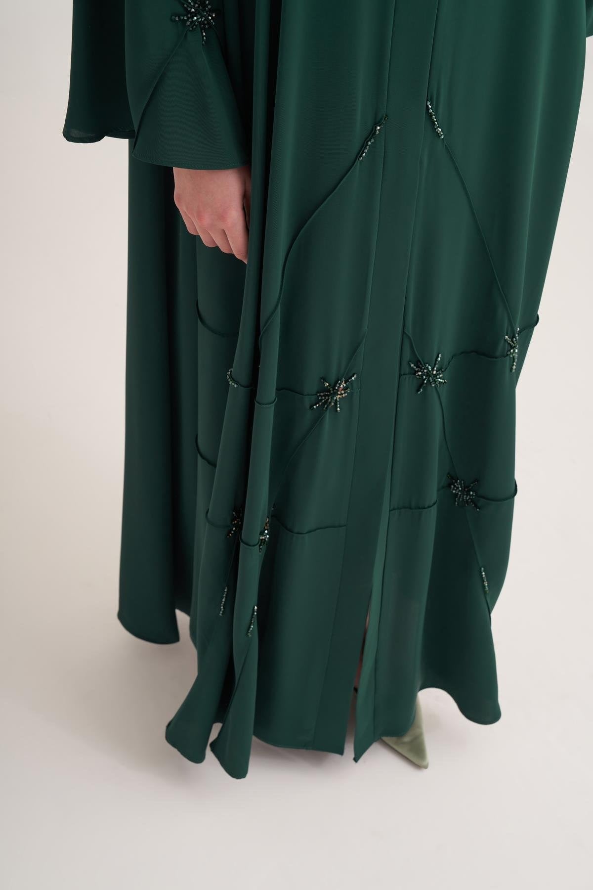 Classic Stone Embellished Green Abaya with Matching Scarf