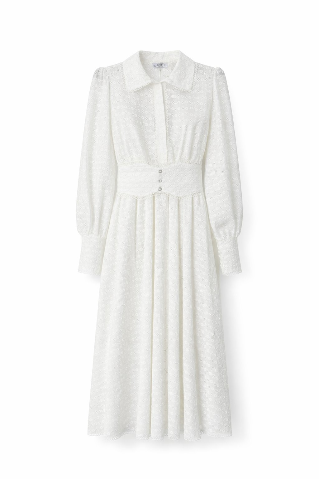 White Broderie Anglaise Midi Dress with Puff Sleeves & Structured Waist Detail