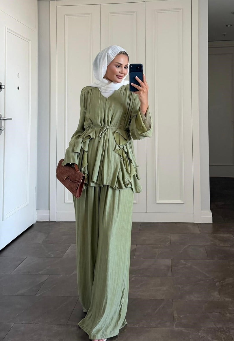 Blair Lined One Size Tunic Co-Ord - Sage Green