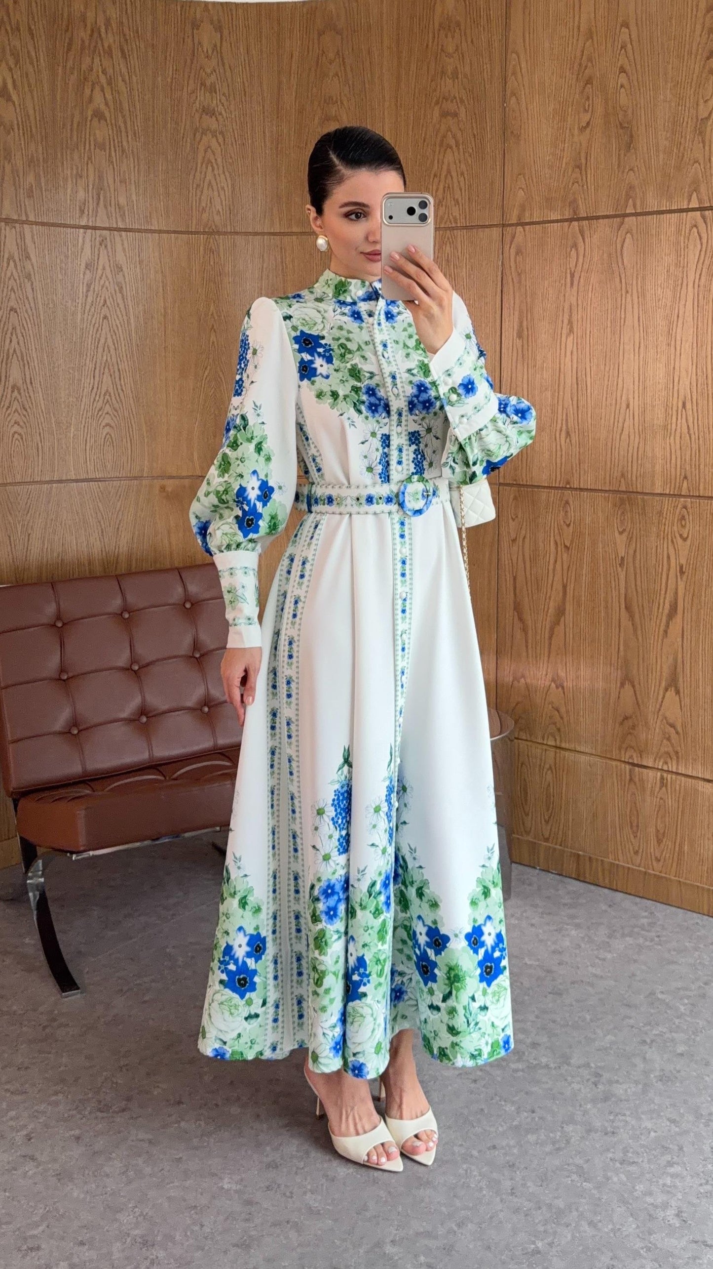 Blue & Green Digital Floral Print Maxi Dress with Puff Sleeves & Belted Waist