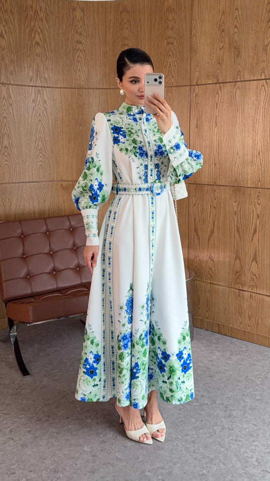 Blue & Green Digital Floral Print Maxi Dress with Puff Sleeves & Belted Waist