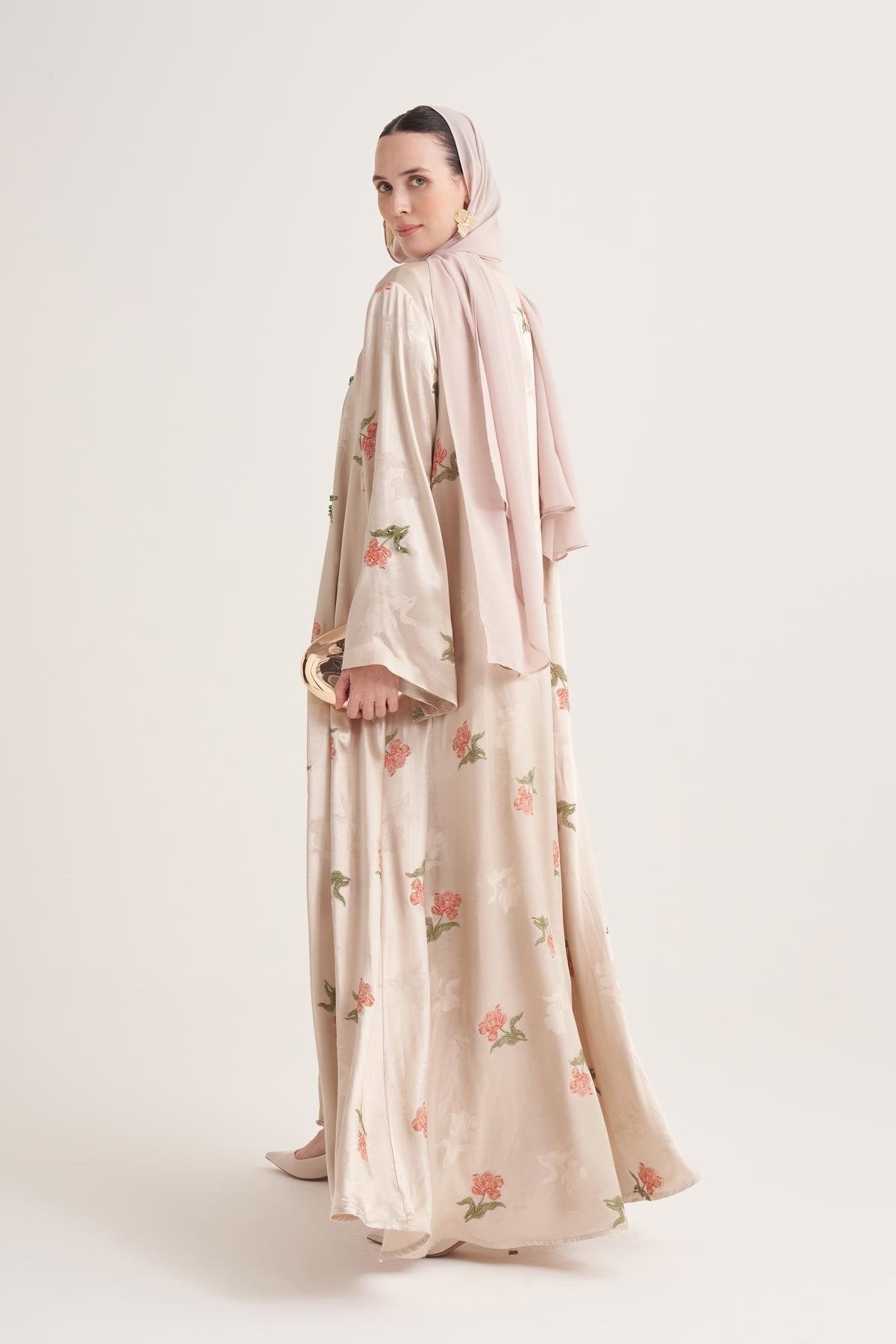 Beige Hand-Embroidered Satin Viscose Floral Open Abaya with Crystal Details & Matching Scarf