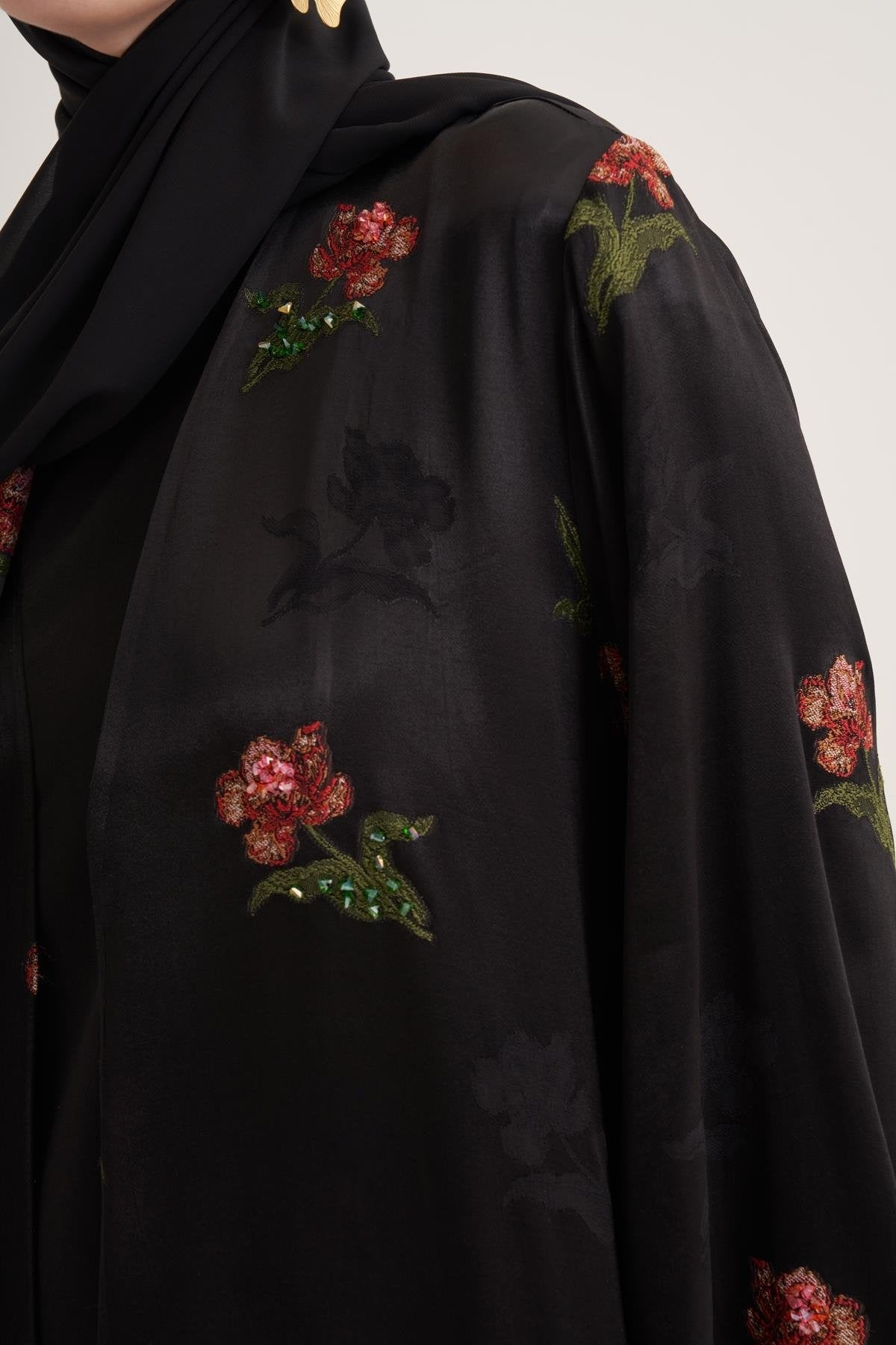 Black Hand-Embroidered Satin Viscose Floral Open Abaya with Crystal Details & Matching Scarf