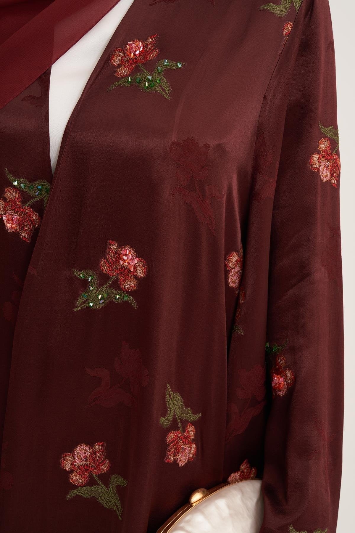 Burgundy Hand-Embroidered Satin Viscose Floral Open Abaya with Crystal Details & Matching Scarf