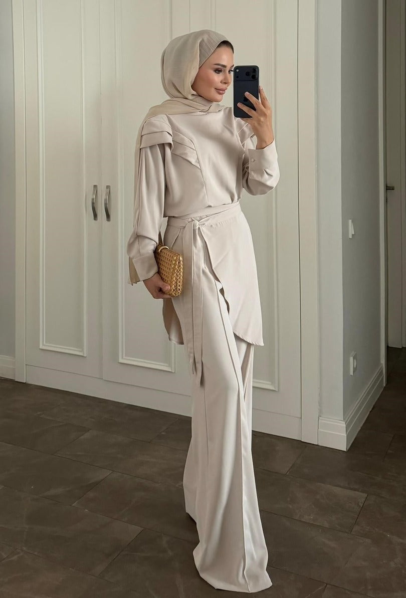 Beige Ruffle-Shoulder Blouse & Wide-Leg Trouser Co-ord Set