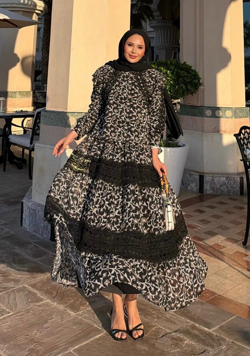 Floral Print Lace-Trim Tiered Maxi Co-ord Set - Black
