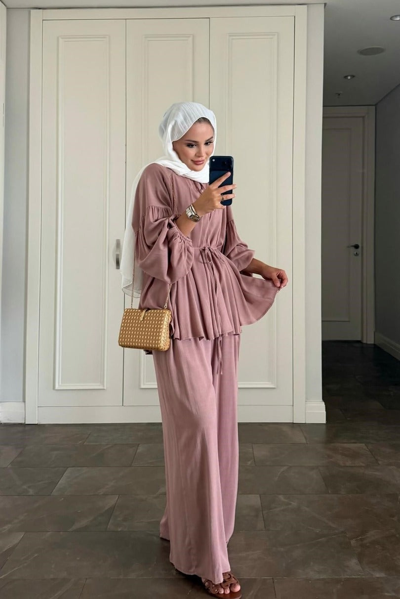 Rose Modest Pant Set - Lined Two Piece Crinkle Fabric Outfit