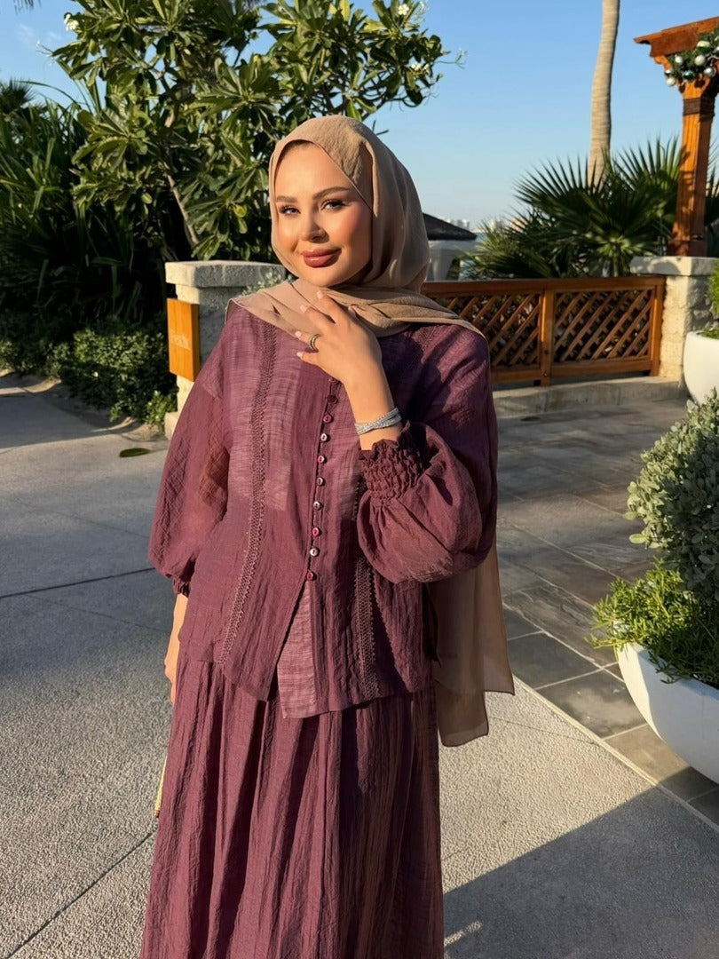 Button-Front Lace-Trim Blouse & Maxi Skirt Co-ord Set - Burgundy